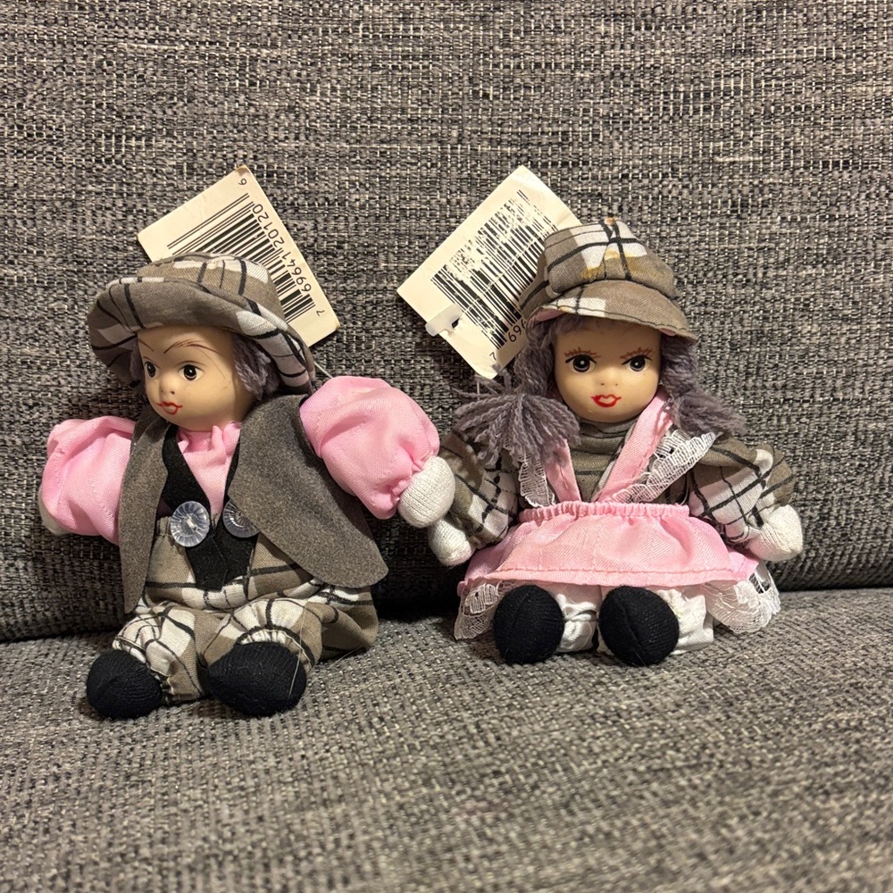 Vintage Miniature Bisque Porcelain 5” Dolls Pair Pink Plaid Outfits NWT